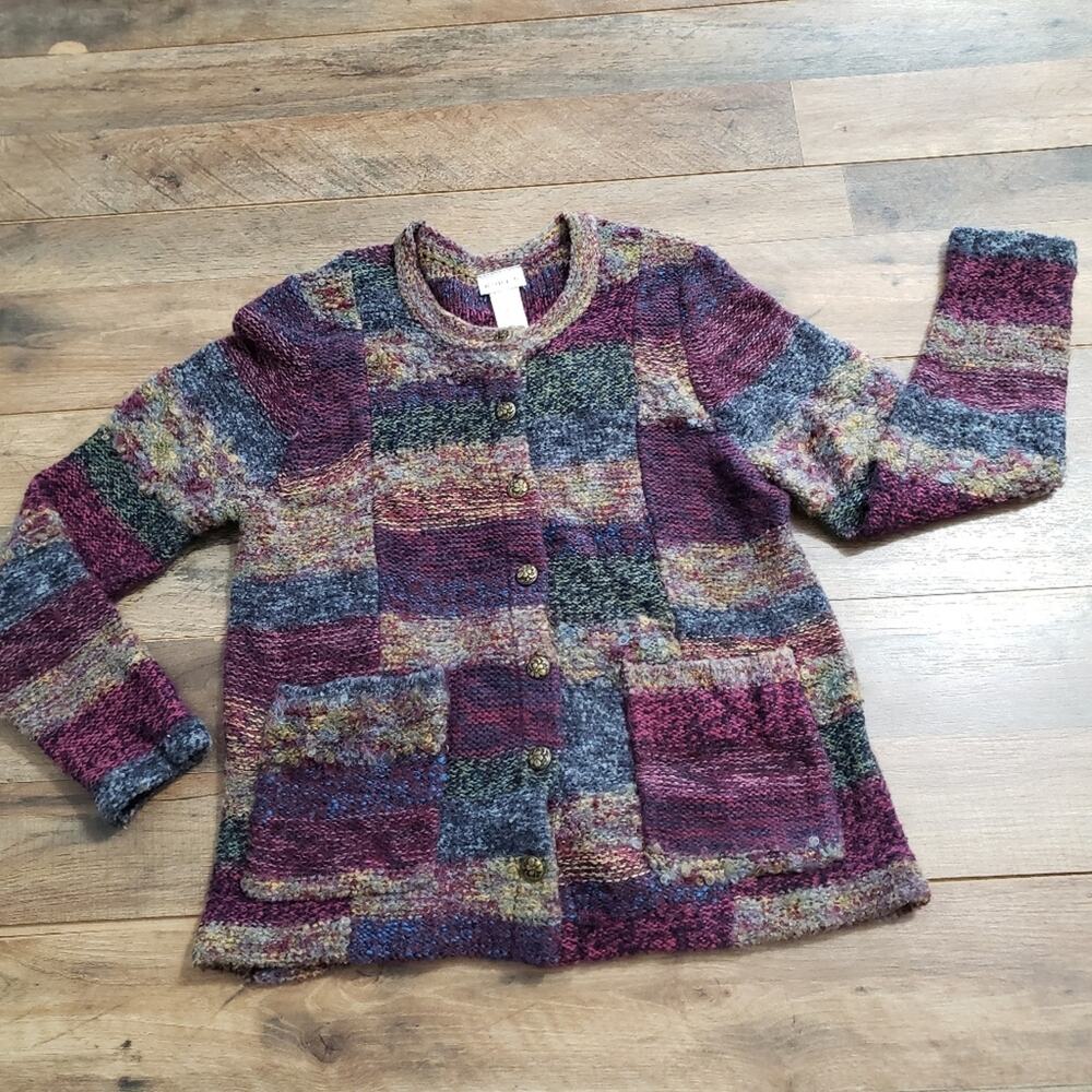 Vintage Koret Wool Mohair Pocket Eyelash Button Front Patchwork Cardigan Small